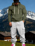 Two-piece kangaroo hoodie set: army green hoodie and light gray cargo sweatpants