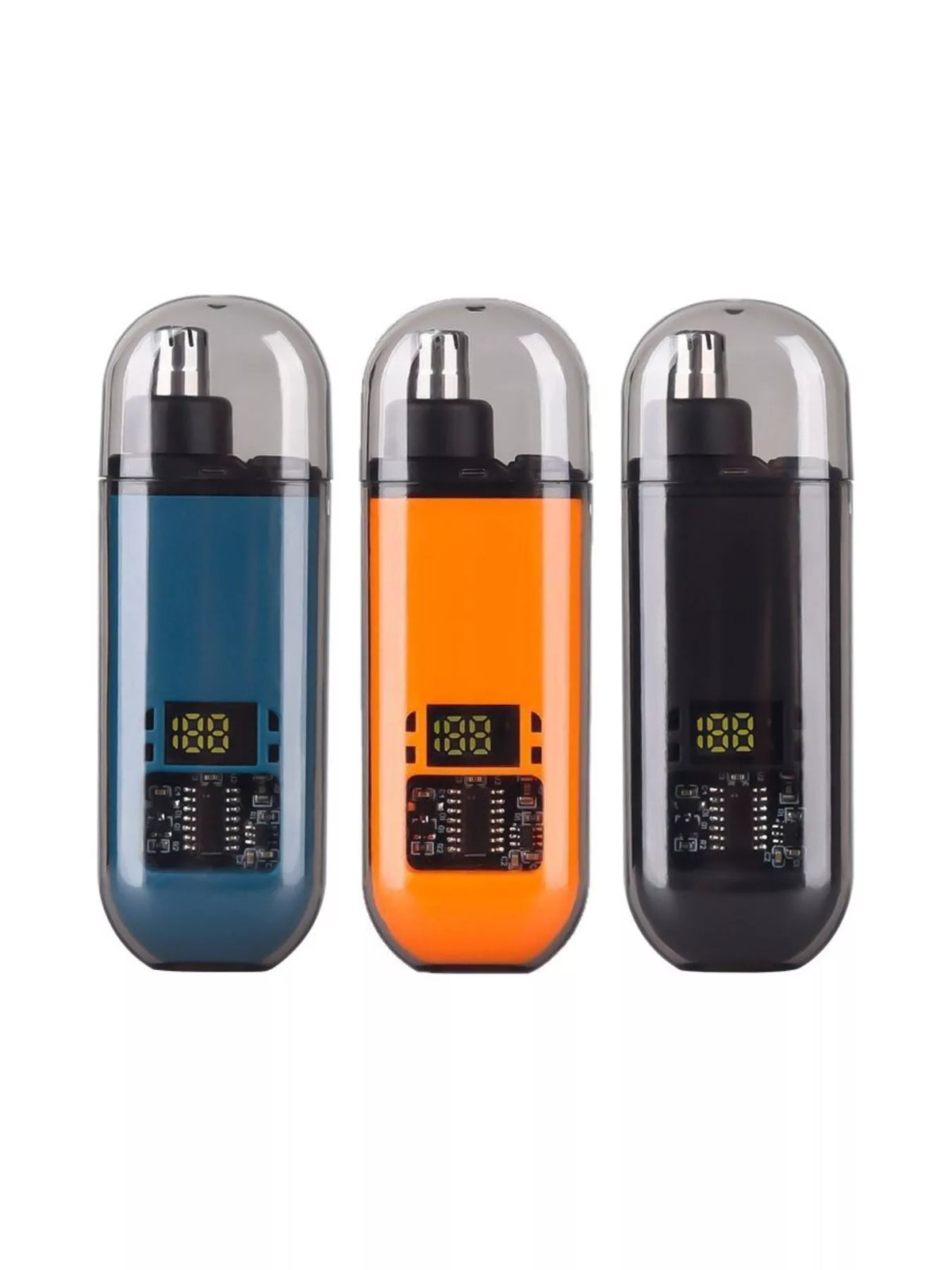 Set of rechargeable nose hair trimmers in blue, orange, and black with LED displays