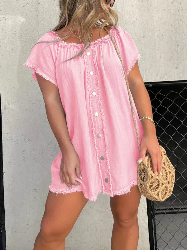 Cedar & Moore Off-Shoulder pink button-down frayed denim dress, plus size