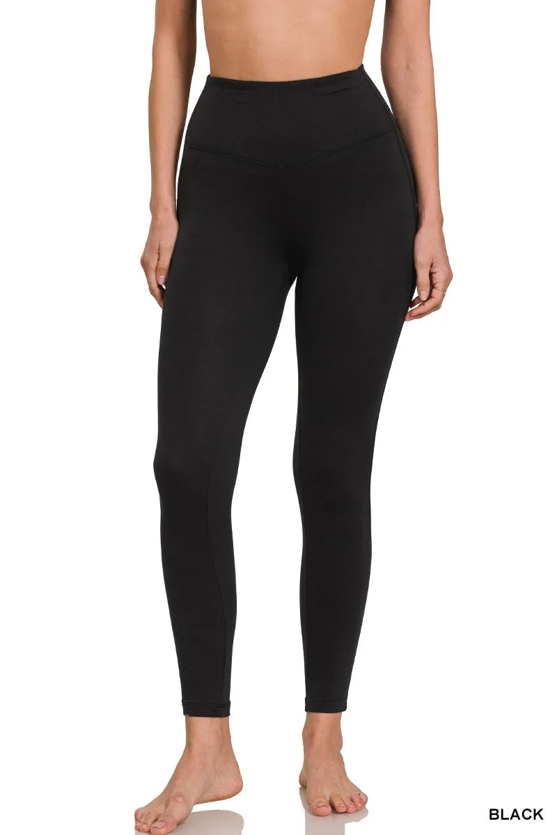 Black full-length brushed microfiber leggings with high-rise waistband