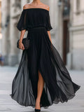 Black off-shoulder ruched chiffon maxi dress with tiered skirt and thigh slit