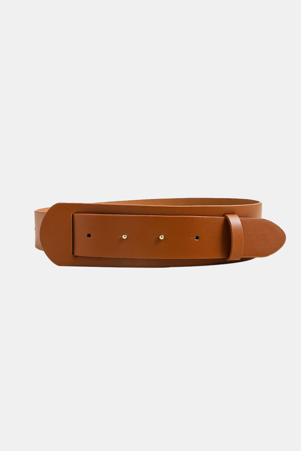 Vegan leather belt in caramel brown, wide strap with rectangular buckle plate and metal rivets