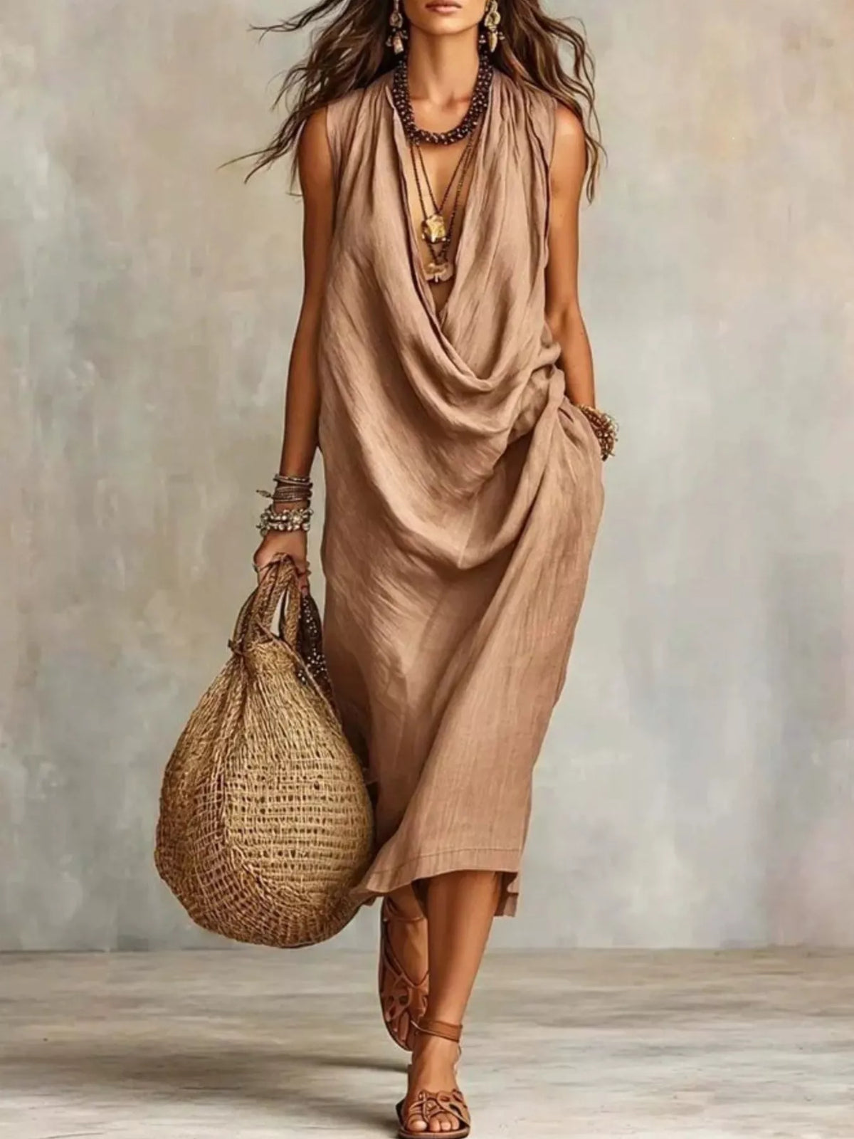 Khaki cowl-neck sleeveless midi dress with draped, gathered front