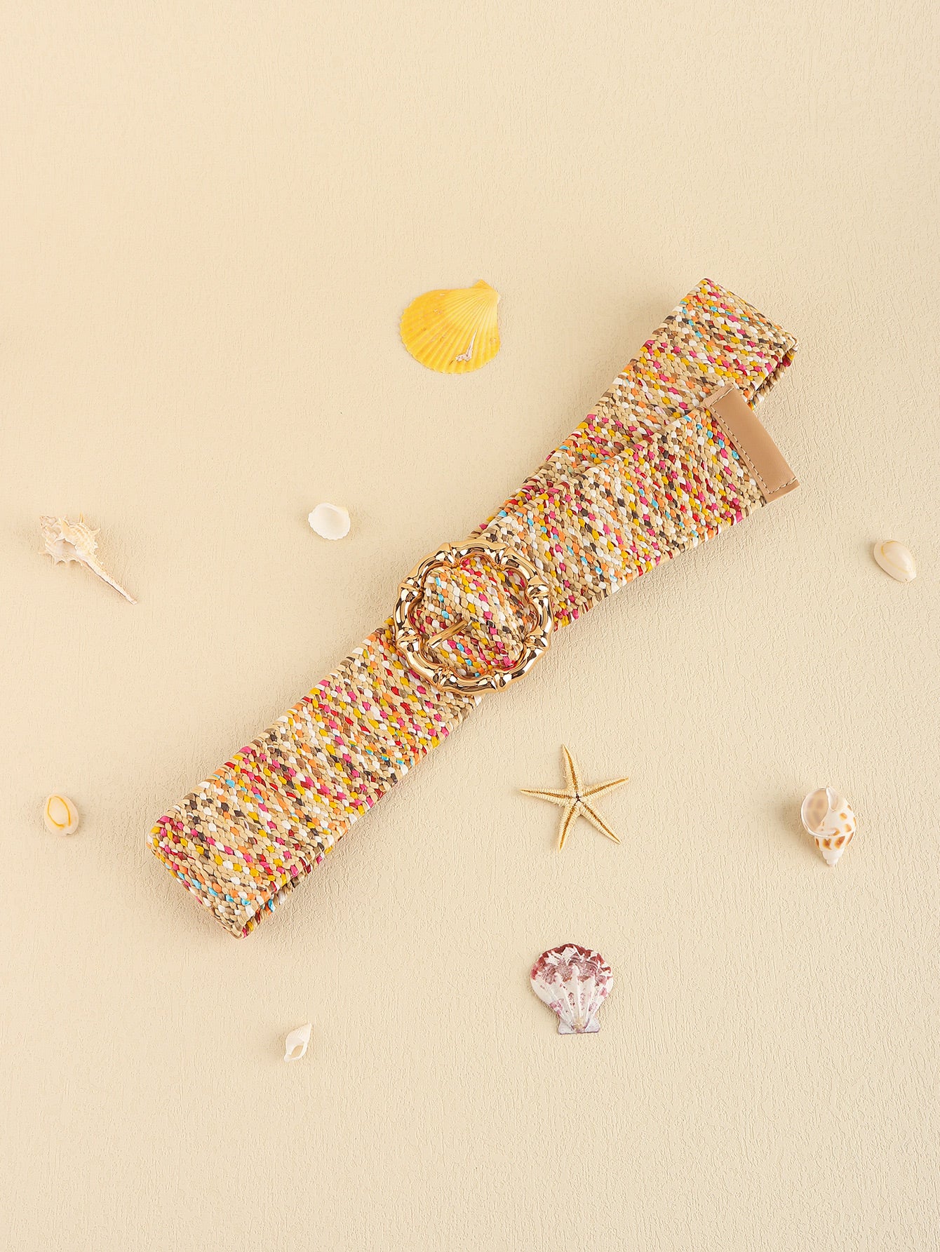 Multicolored wide belt, woven fabric with tan clasp closure
