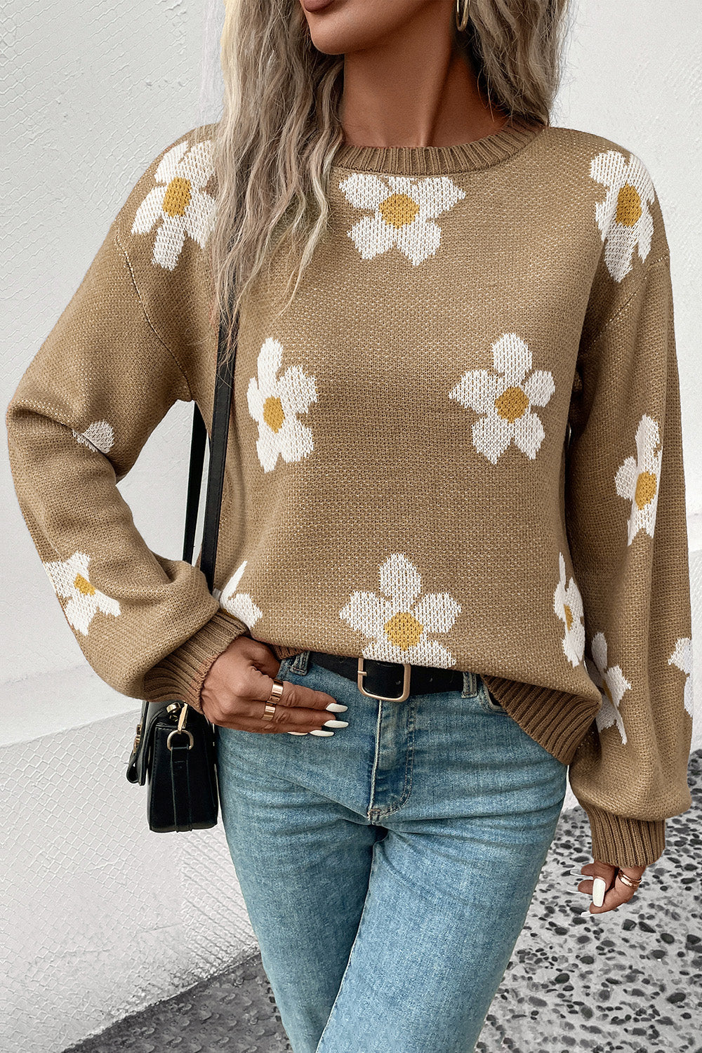 Khaki floral dropped-shoulder sweater with ribbed crew neck and long sleeves