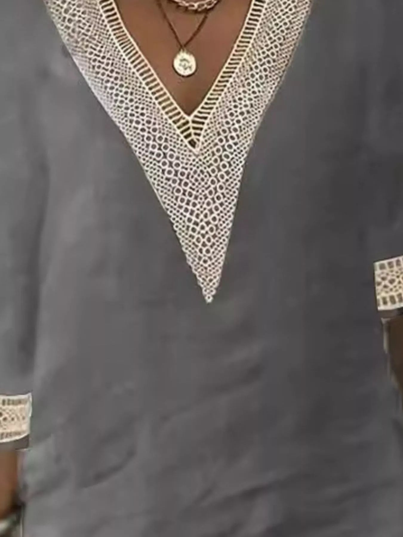 Grey V-neck lace mesh yoke dress with scalloped V neckline and short sleeves