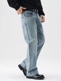 Washed stretch relaxed cotton jeans, light blue, straight relaxed leg, hand pockets