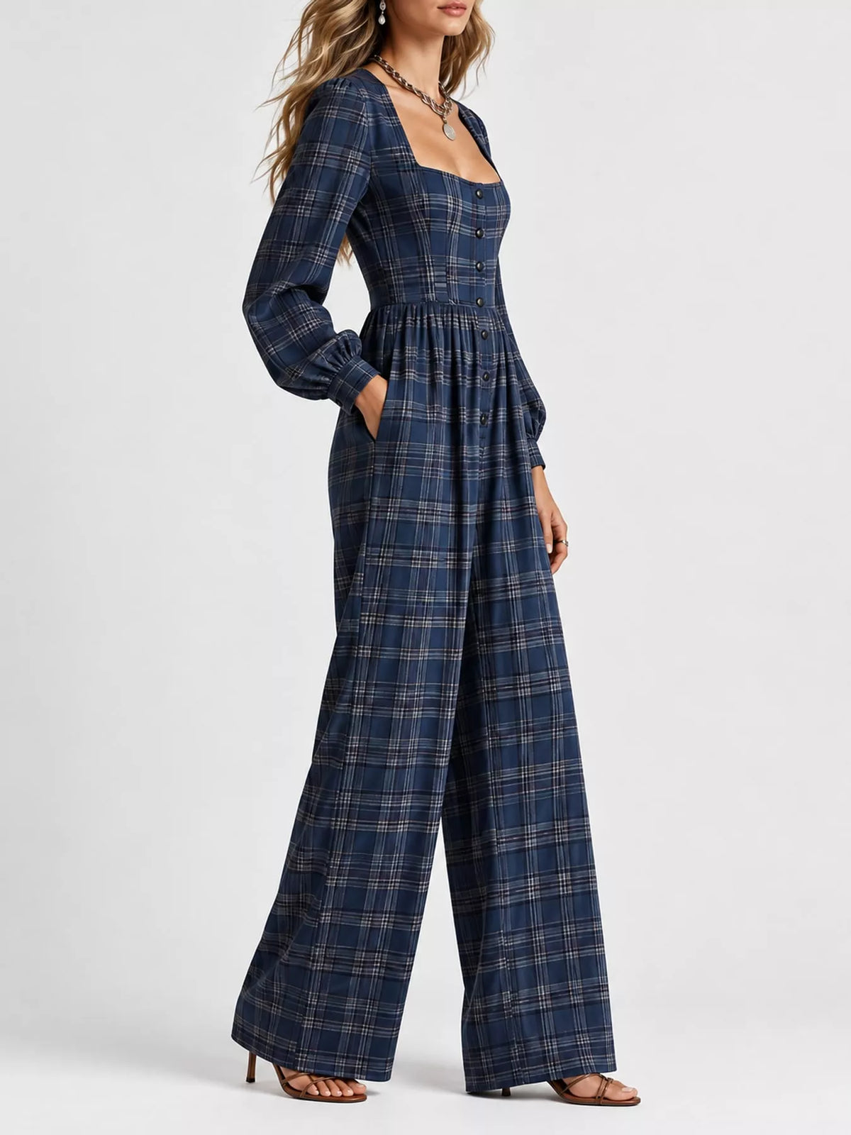 Navy plaid square-neck long-sleeve jumpsuit with gathered waist and wide-leg fit