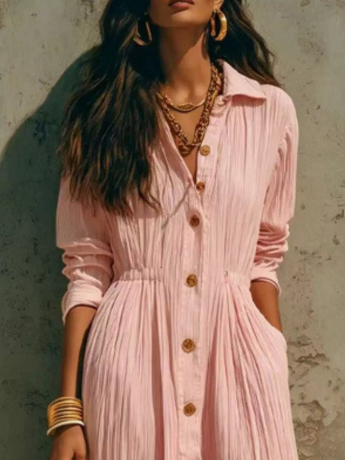 Dusty pink button-front maxi shirt dress with long sleeves and gathered waist