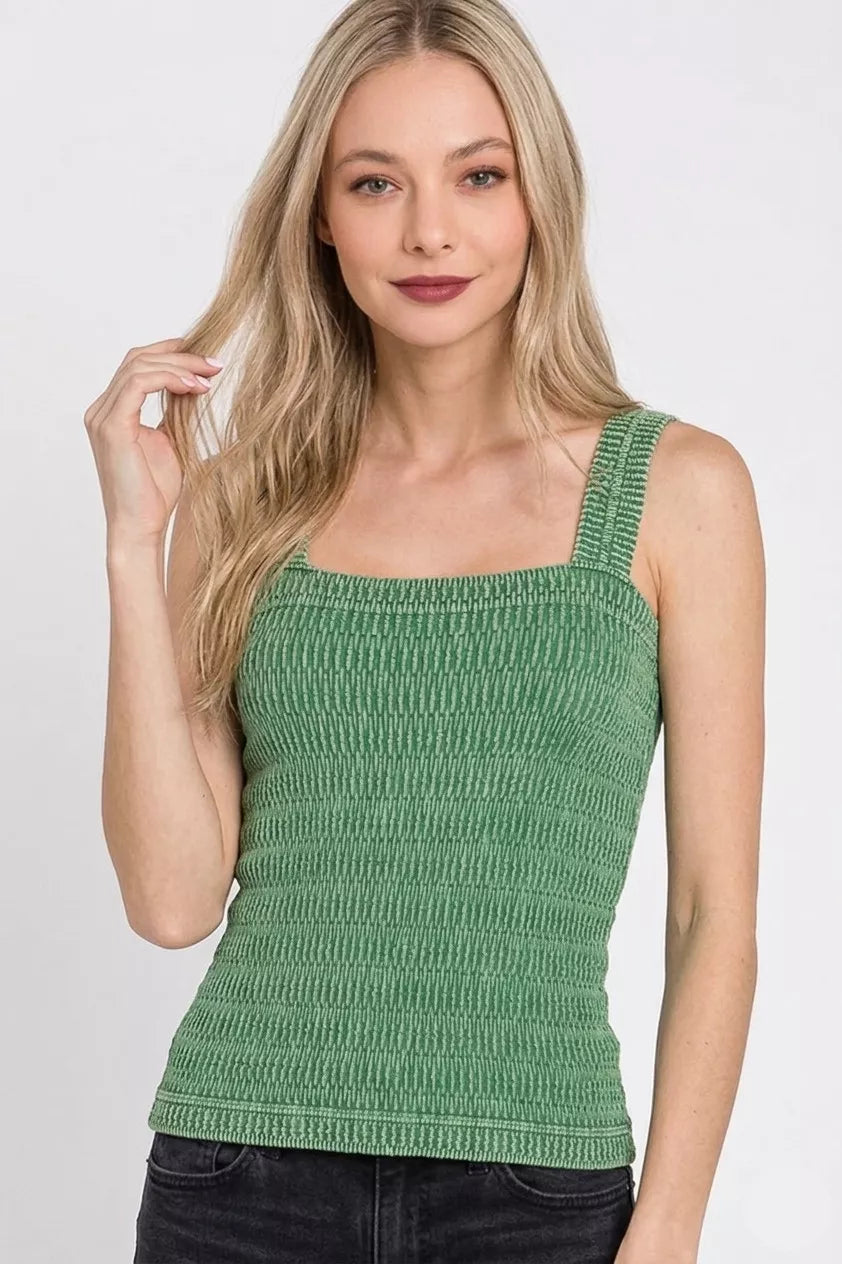Cedar & Moore Zenana Seamless Winkle Stone Washed tank top in green with wide straps