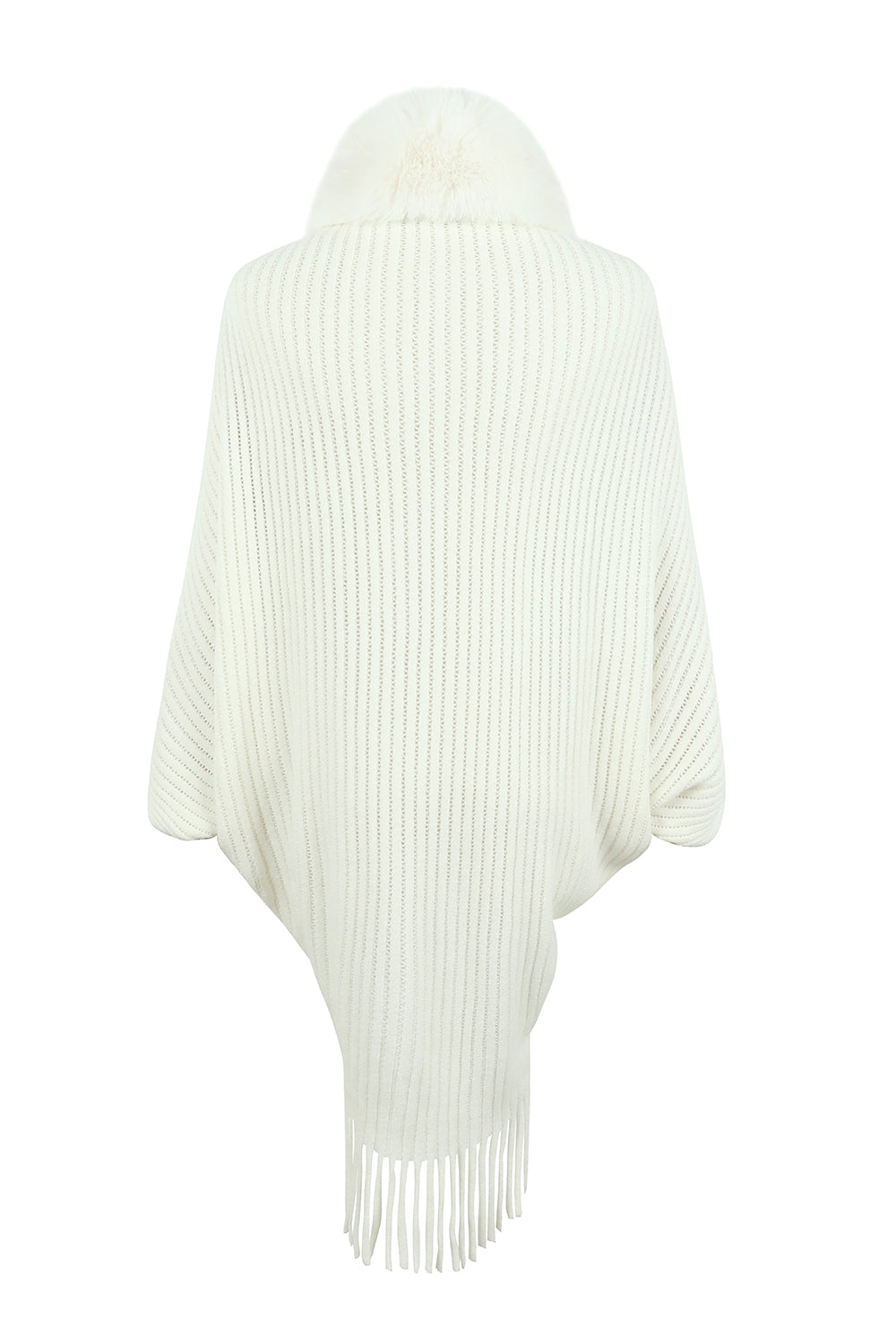 Ivory hooded poncho, ribbed knit with draped shoulders and fringed hem