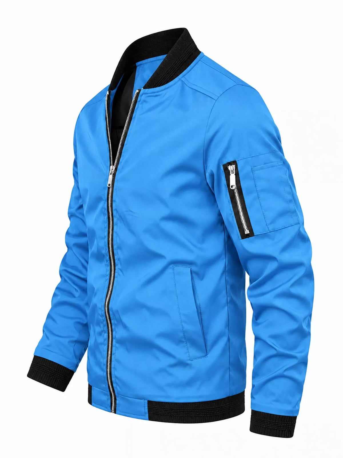 Men's lightweight bomber jacket, light blue side view with zipped placket and sleeve pocket