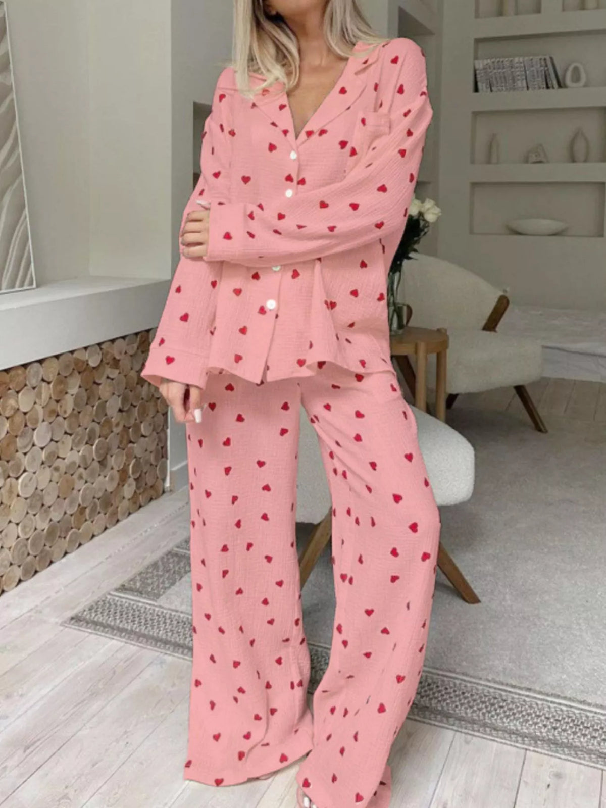 Pink heart-print long-sleeve lounge top and matching wide-leg pants set