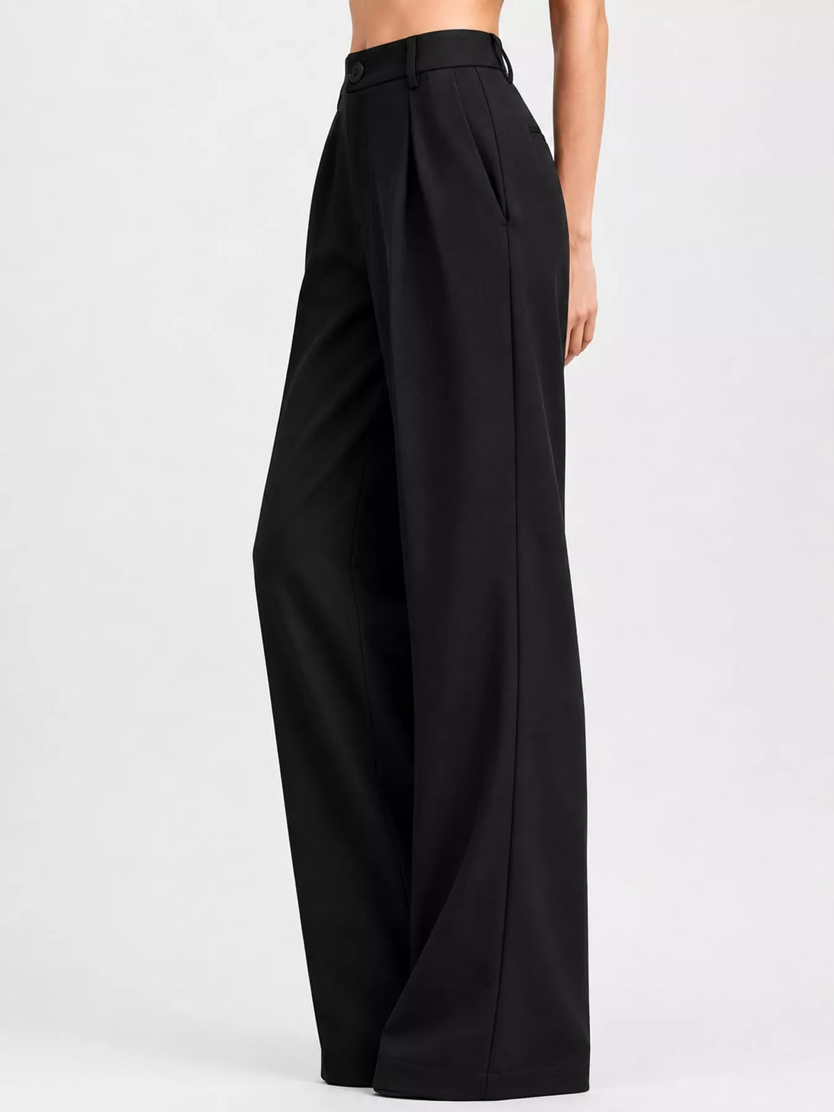 Black high-waisted pleated wide-leg pants with relaxed straight wide legs