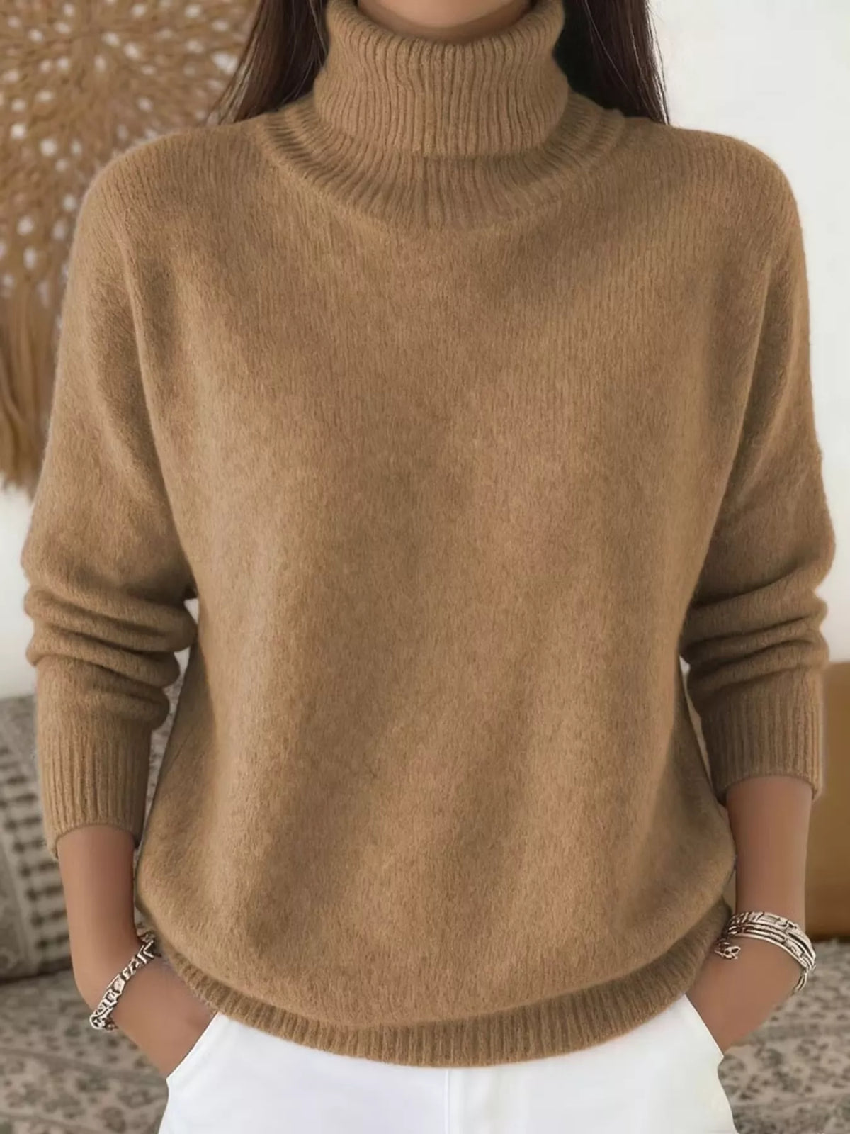 Women's stretchy turtleneck sweater, long sleeve, tan knit with ribbed neckline