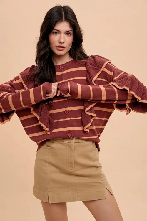 Khaki cotton mini skirt with button front and side slit, front view