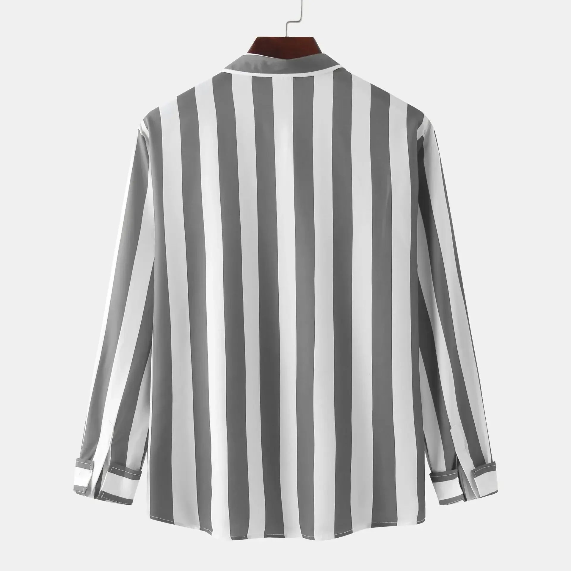 Grey striped long-sleeve button-down shirt on hanger, back view