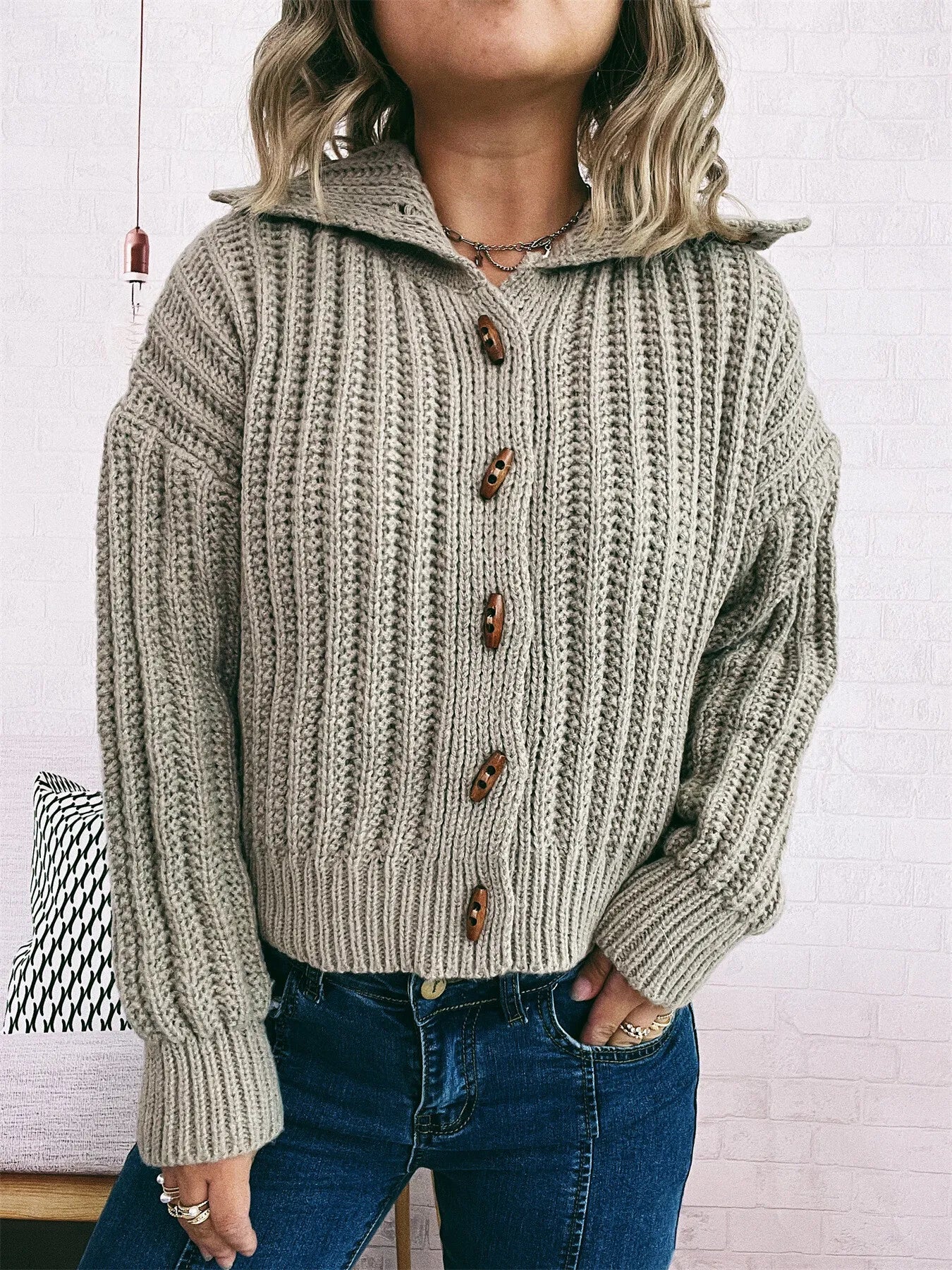 Khaki button-up long-sleeve cardigan with ribbed knit and wooden buttons, front view