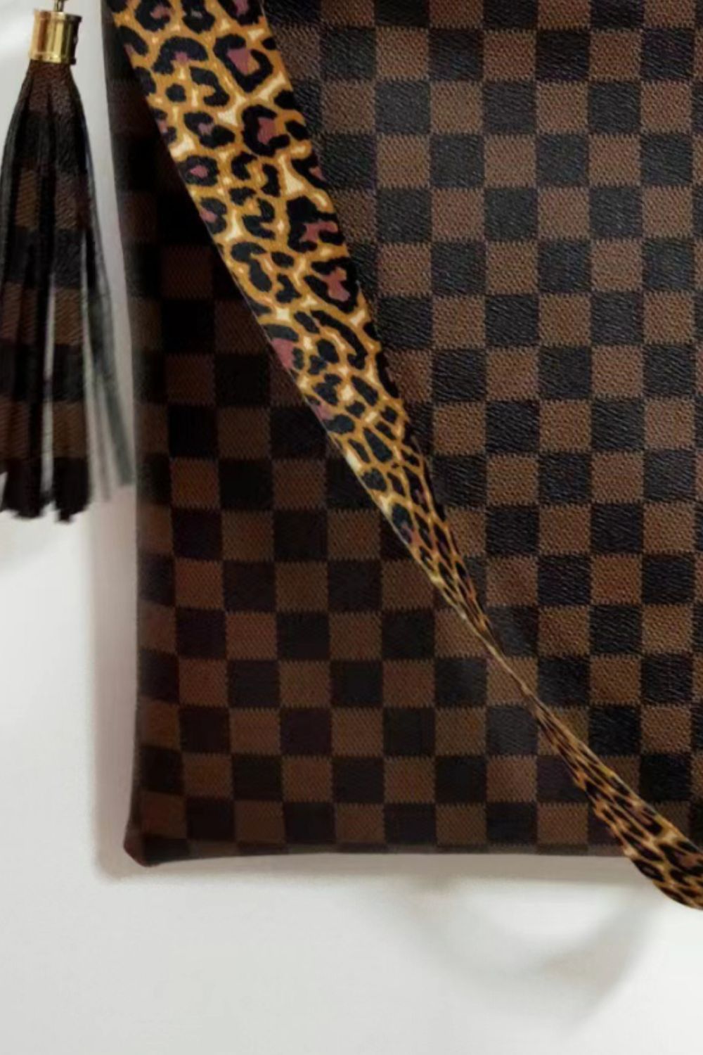 Brown check PU leather shoulder bag with leopard print strap detail
