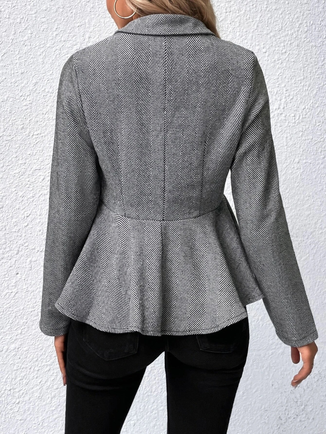 Gray collared blazer with ruffle peplum hem, gold-button back detail