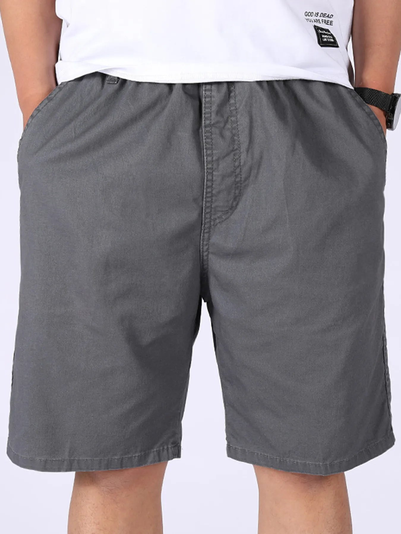 Men's plus-size dark gray pocketed shorts with zip fly, belt loops, and side pockets