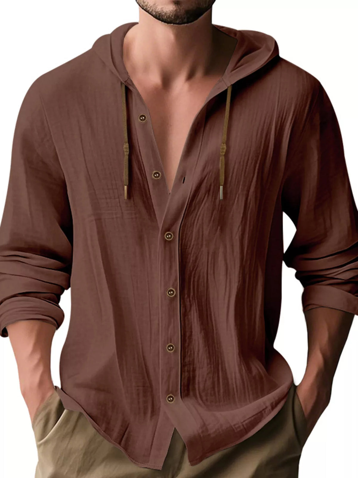 Men's brown linen hooded button shirt with drawstring cords and front button placket