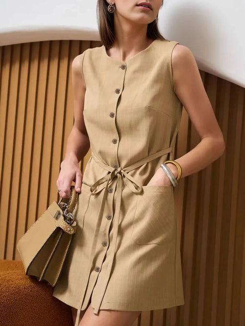 Khaki sleeveless mini dress with button front and tie waist