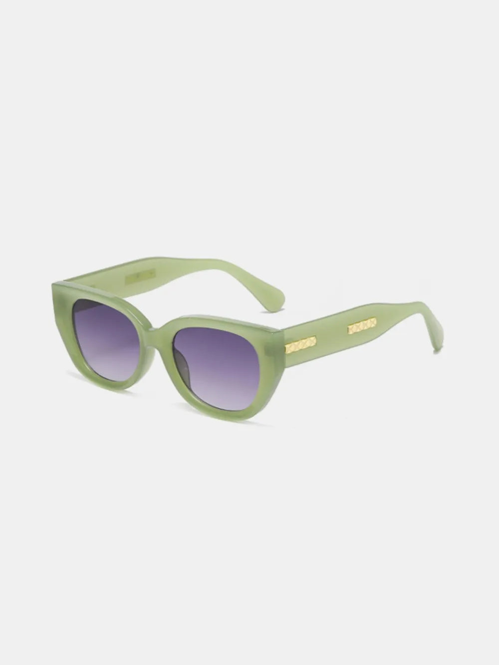 Sage green cat-eye polycarbonate sunglasses with purple-tinted lenses and slim temples