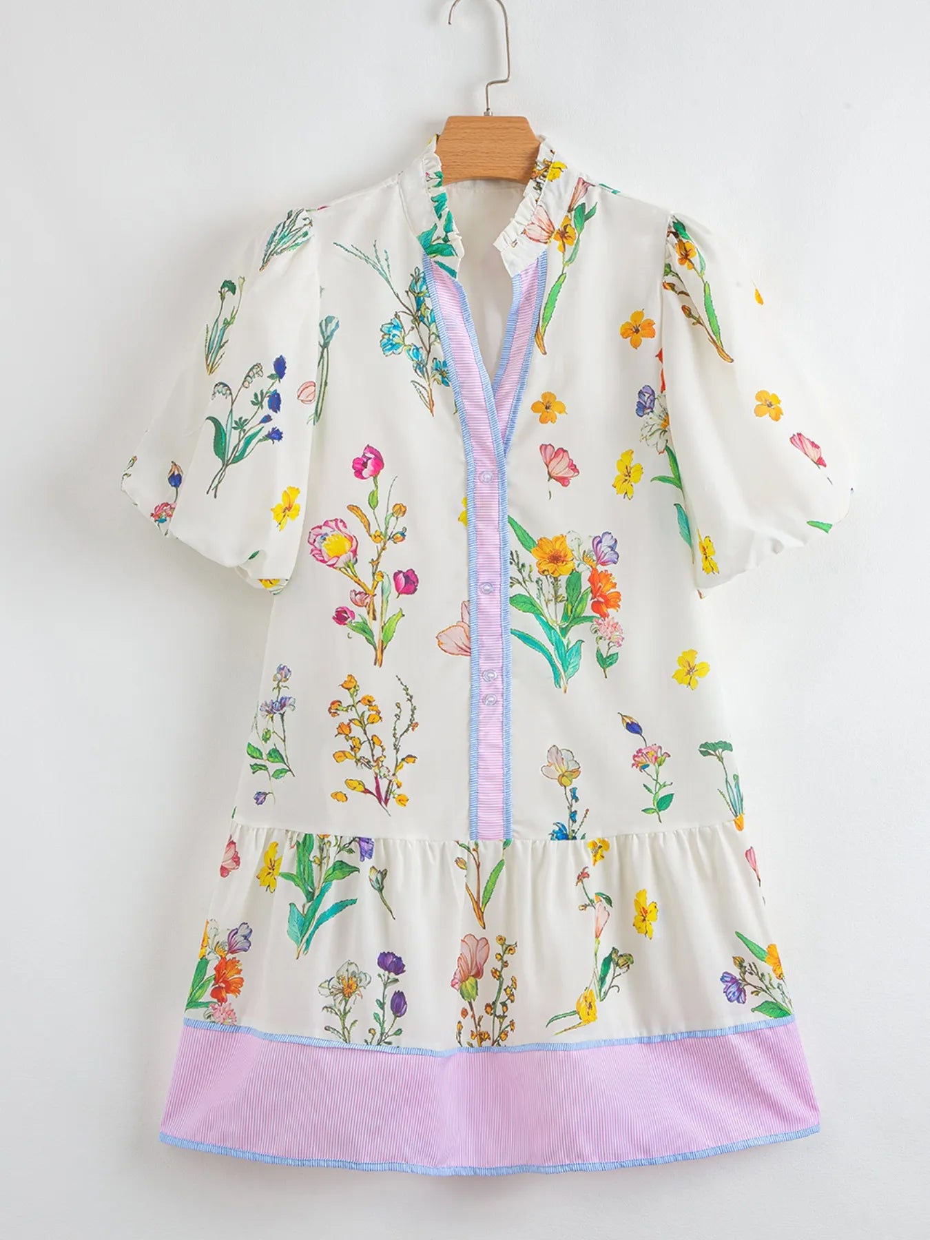 Floral Print Notched Short Sleeve Dress, white base with multicolor flowers, pink striped placket and lavender hem