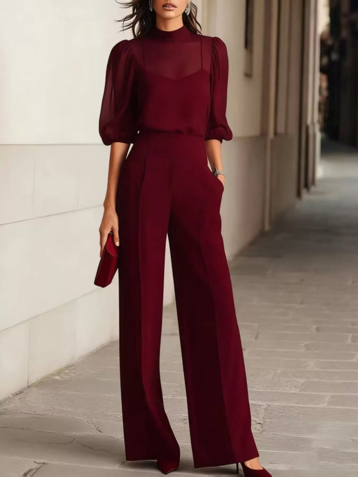 Burgundy mock neck sheer puff-sleeve top and wide-leg pants set, front view