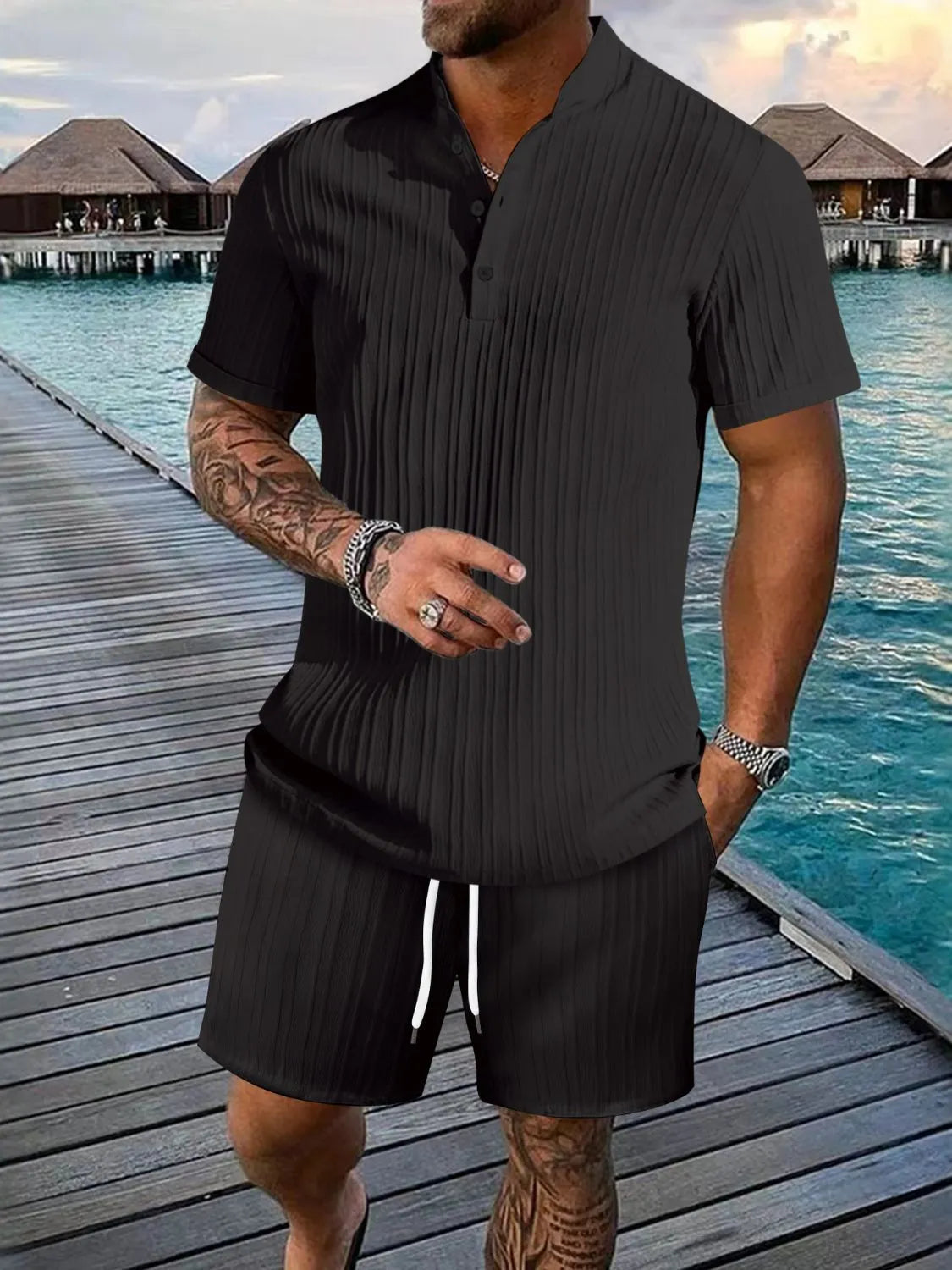 Men's ribbed short sleeve button top and matching drawstring shorts set, black