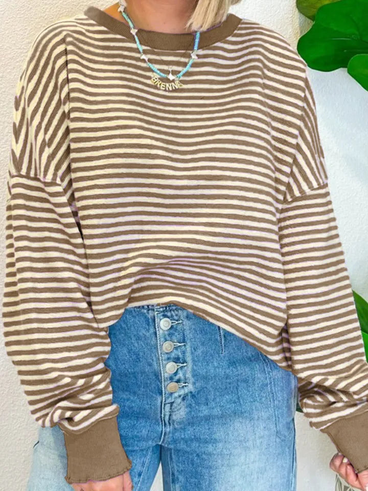Taupe-and-cream striped long-sleeve sweatshirt with ribbed round neckline