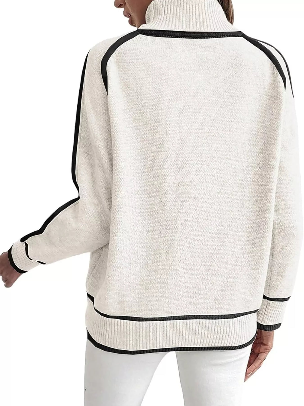 White turtleneck sweater with contrast ribbed hem, cuffs, and long sleeves