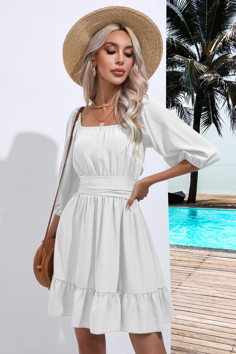 White square-neck tie-back ruffle hem dress with long puff sleeves and cinched waist