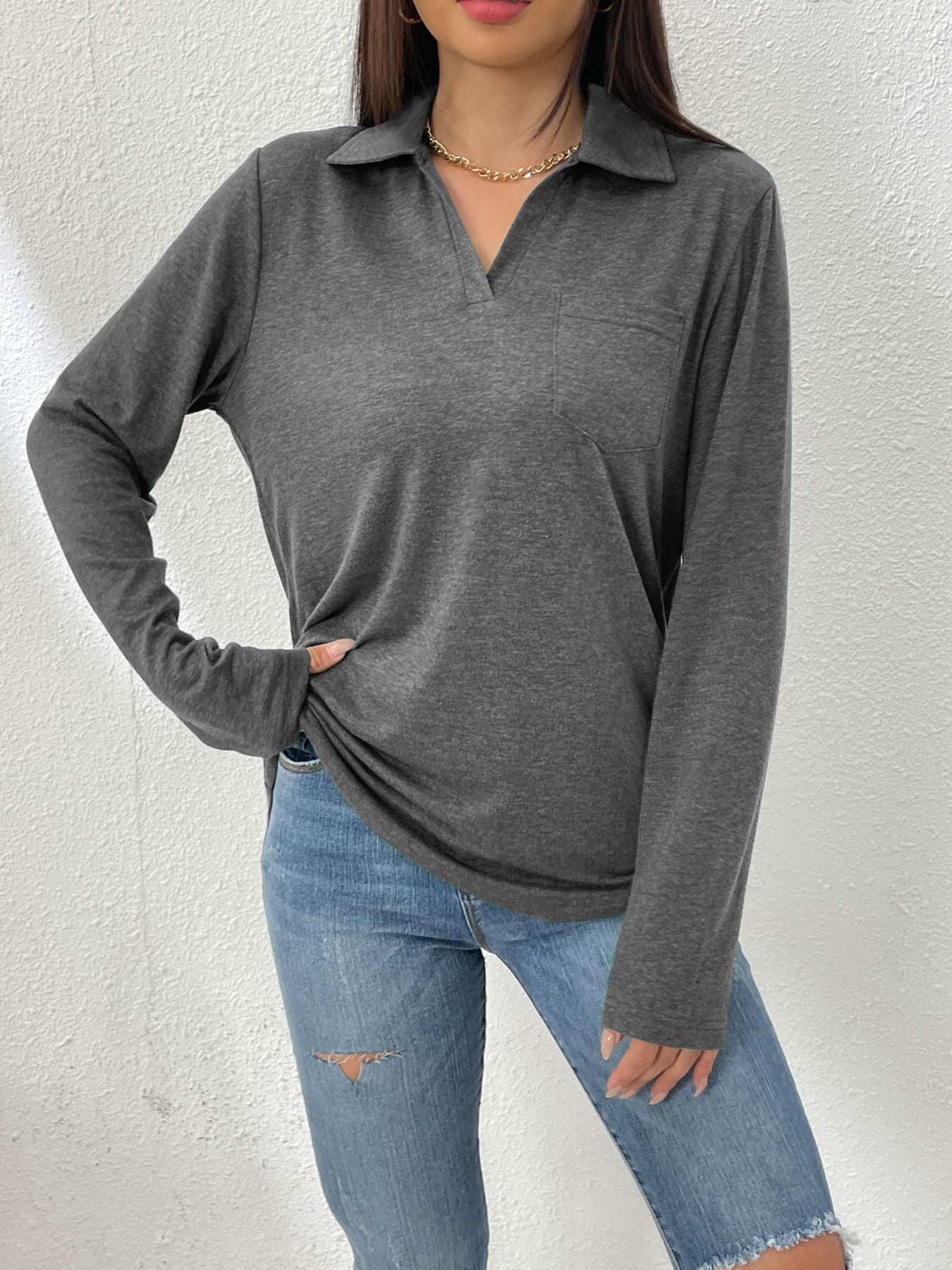 Cedar & Moore Collared Neck Long Sleeve T-Shirt in gray with chest pocket, shown on model with blue jeans
