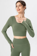 Long-sleeve active crop T-shirt in matcha green with square neckline