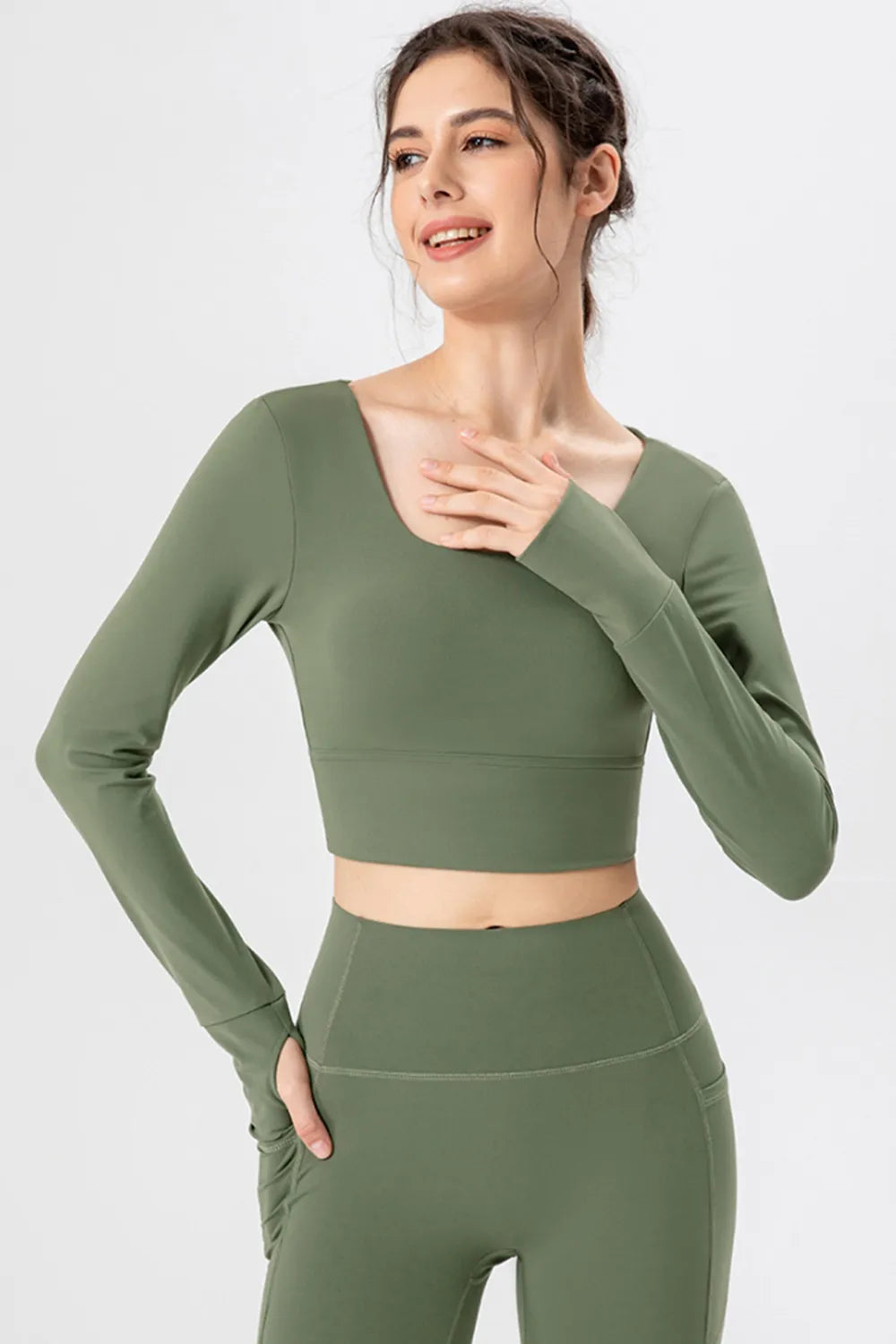 Long-sleeve active crop T-shirt in matcha green with square neckline
