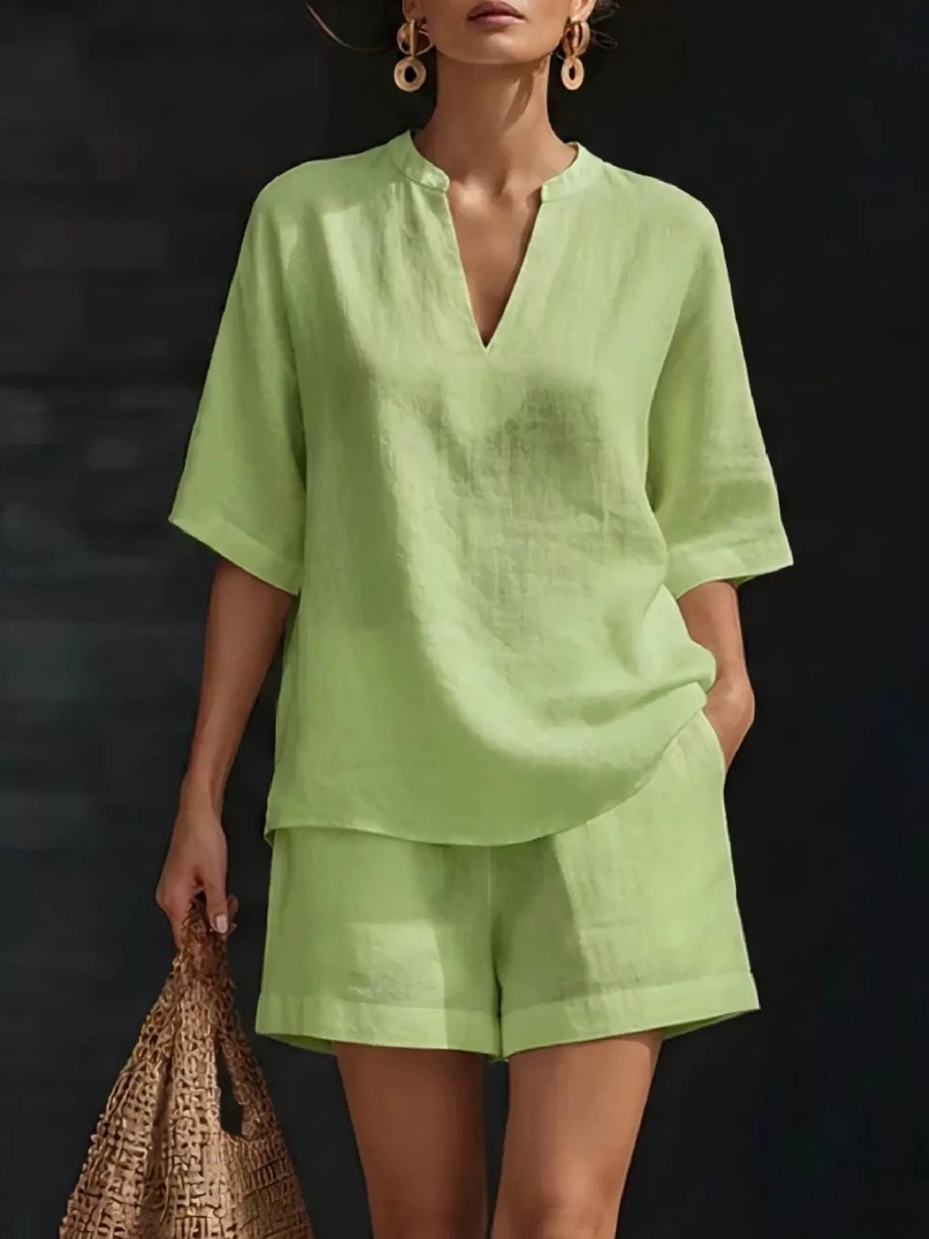 Plus size light green half-sleeve V-neck top with matching short shorts set