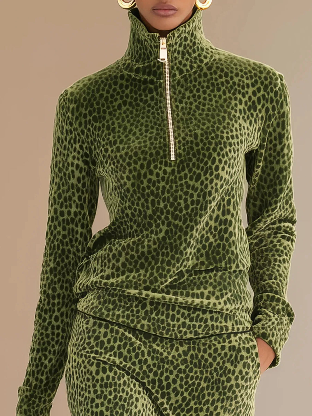 Moss leopard-print velour lounge pullover, mock neck and half-zip front
