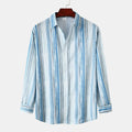Men's striped button-up shirt in pastel blue and white, long sleeves, button front