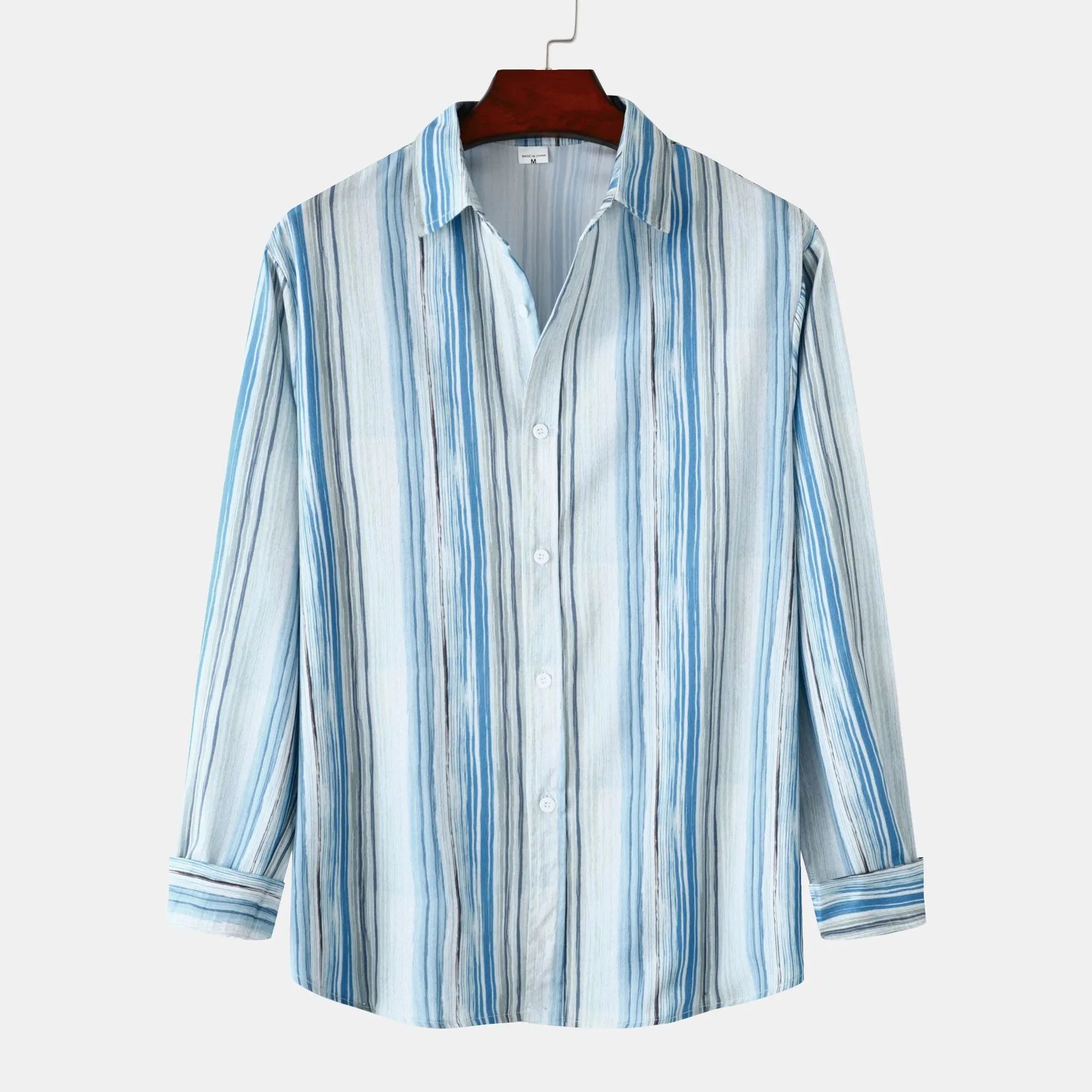 Men's striped button-up shirt in pastel blue and white, long sleeves, button front