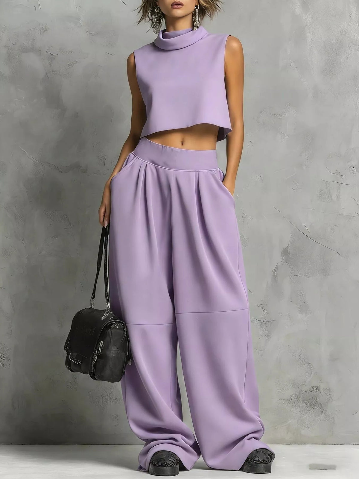 Sleeveless mock crop top and sweatpants set, light purple high-neck crop top and pleated joggers