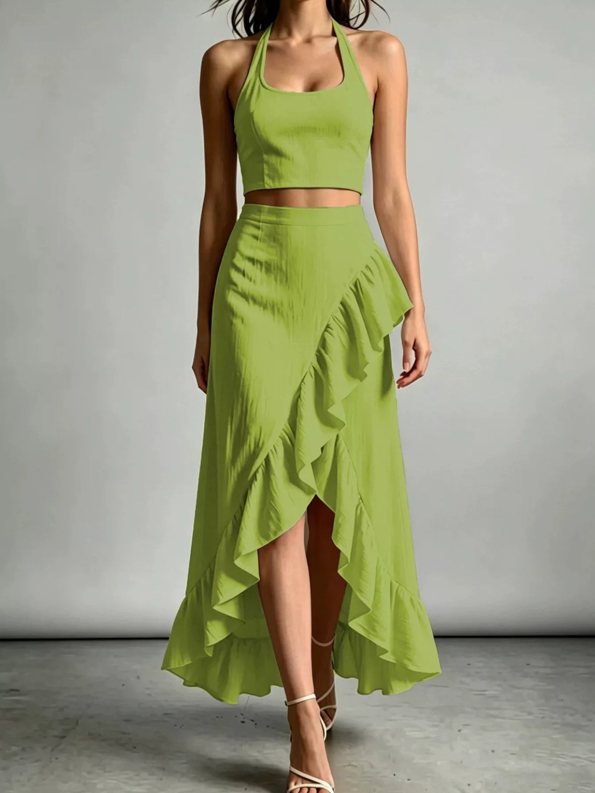 Ruffled halter crop top and high-low maxi skirt set in green