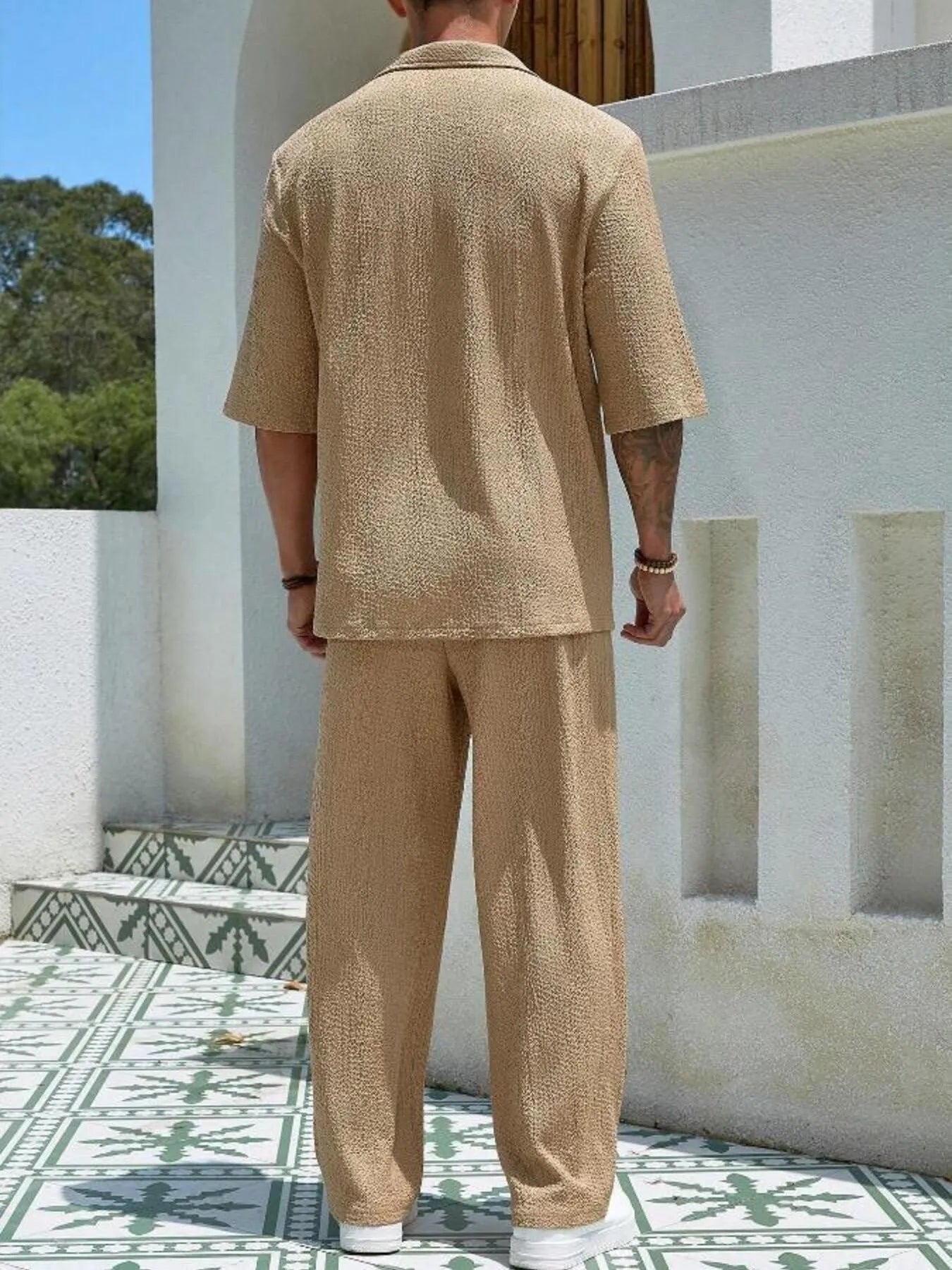 Men's plus size half-sleeve top and pants set, khaki, back