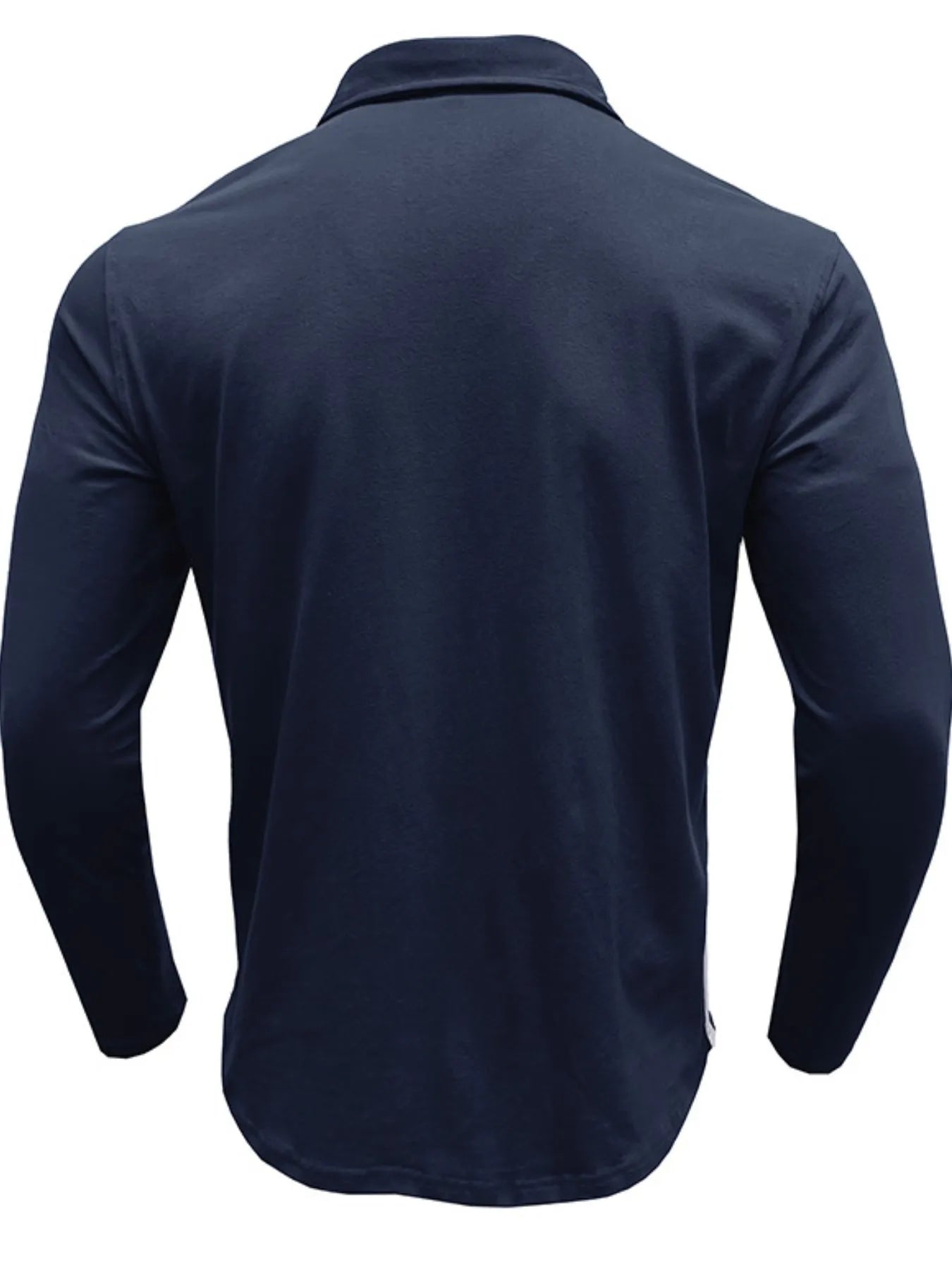 Men's long sleeve polo shirt in navy blue, back view with full-length sleeves.