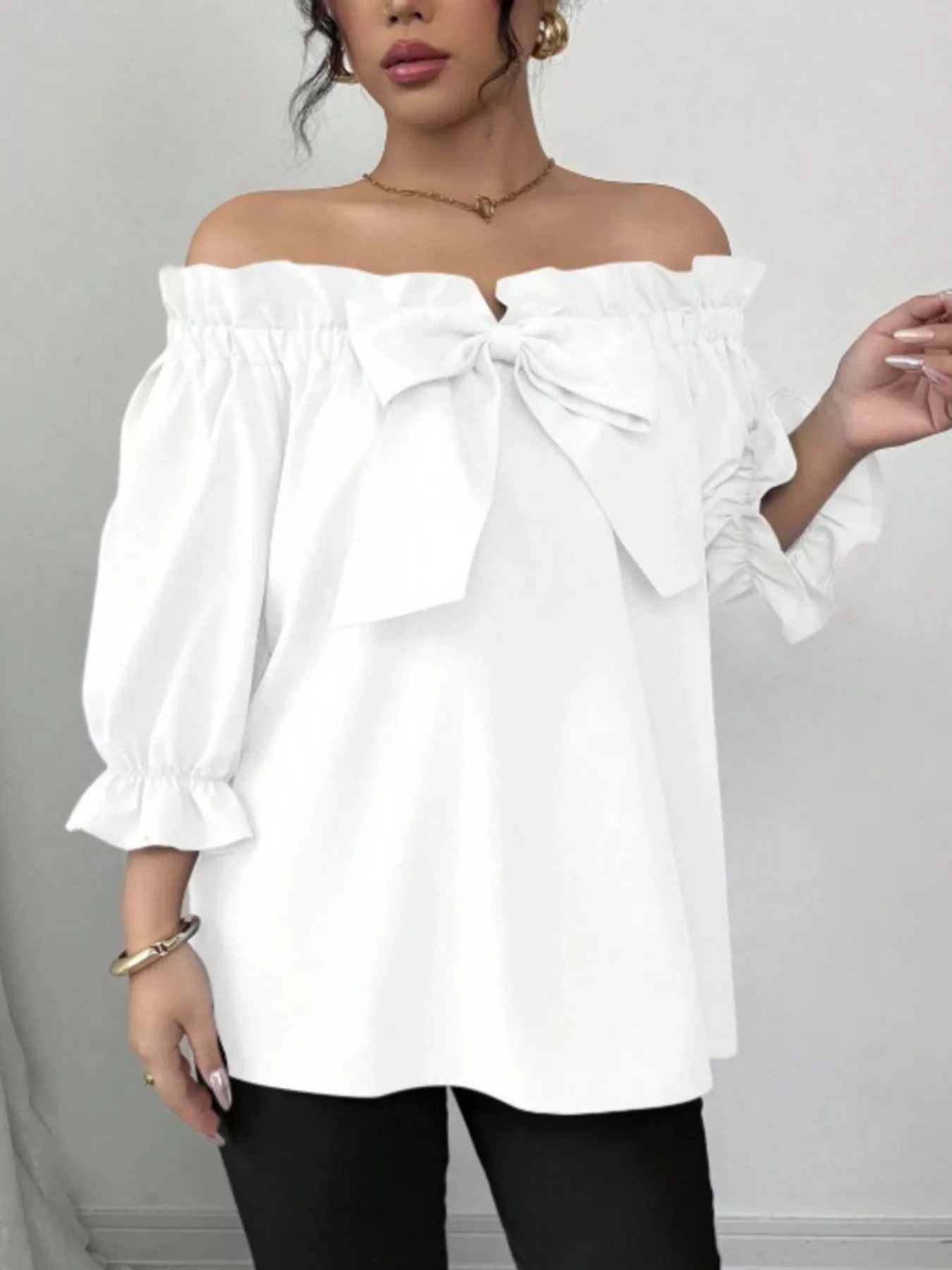 Bow Flounce Sleeve Blouse, white off-shoulder top with a front bow and puff sleeves.