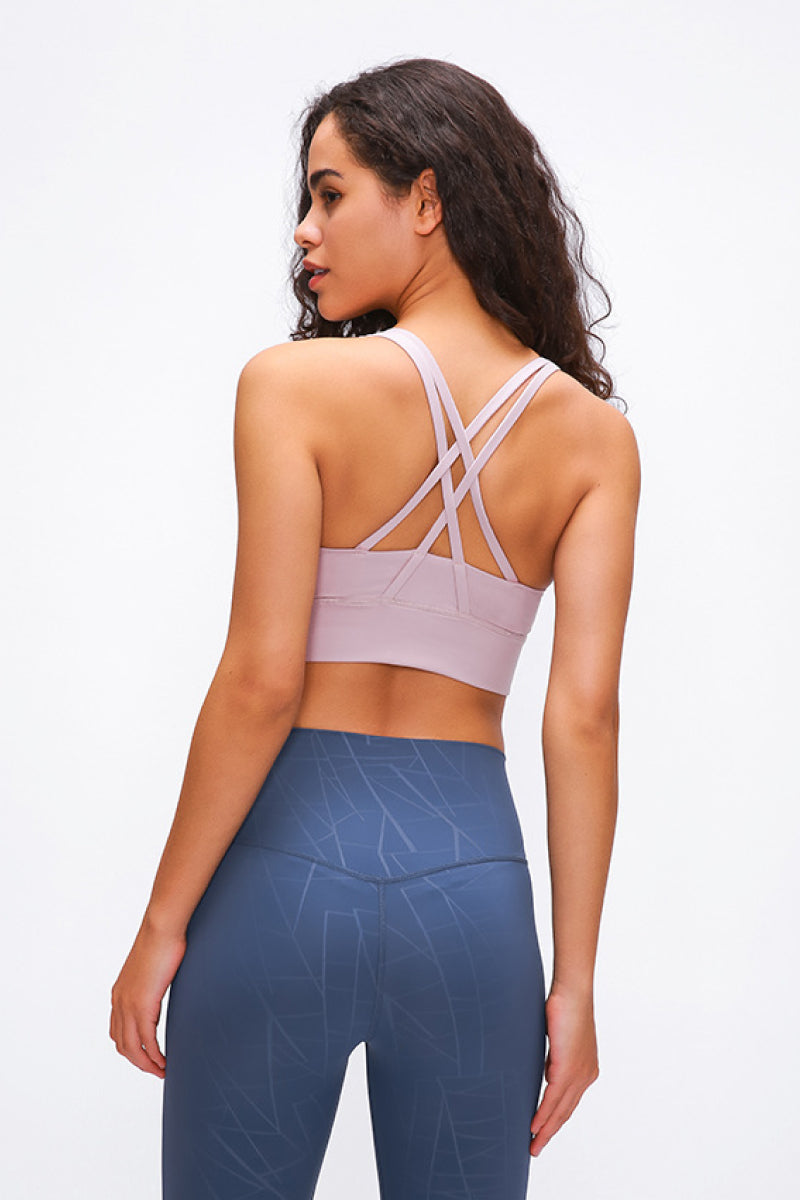 Mauve sports bra with crisscross X-back straps