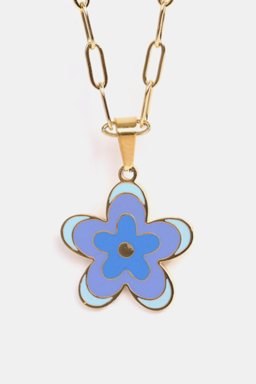 Gold-tone flower pendant necklace with blue enamel five-petal flower pendant