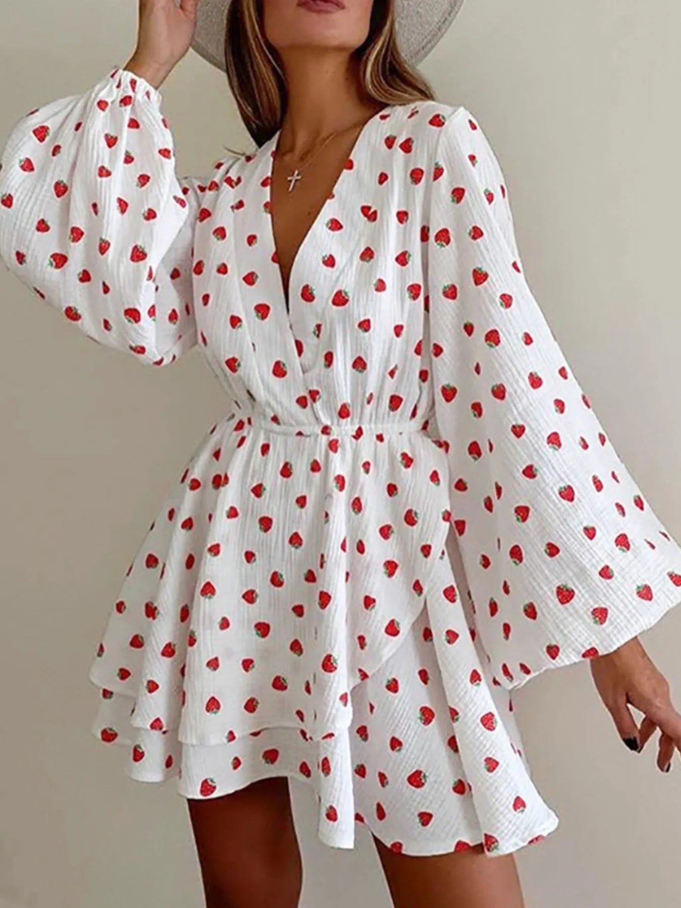 Strawberry Print Long Sleeve Mini Dress by Trendsi, white fabric with red strawberries, V-neck and elastic waist