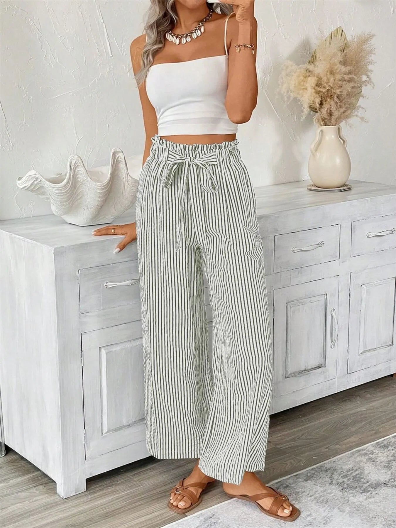 Striped paper bag waist wide-leg pants, green and white pinstripe, drawstring tie